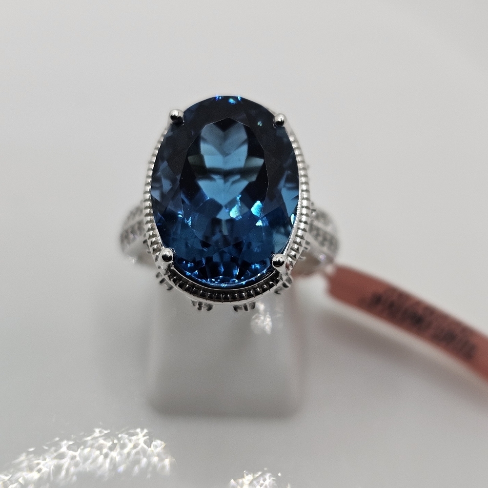 Natural London Blue Topaz & Diamond Ring in Sterling Silver & Rhodium Size 7! - Picture 11 of 16